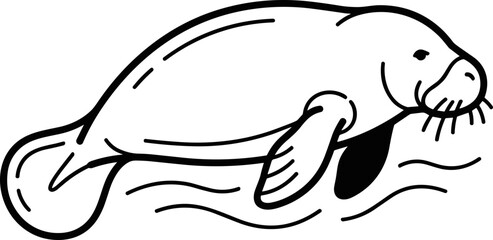 Black and white line art illustration of a manatee swimming. © Ira