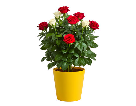 Vibrant red and white roses flourish within a bright yellow pot against a clean white background in this studio composition