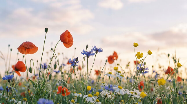 Wildflowers blooming in a sunlit meadow with soft clouds Generative AI