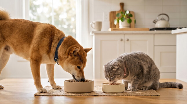 Shiba Inu and Scottish Fold cat eating separate bowls peacefully in kitchen. Dog and cat eating dry food, demonstrating harmonious coexistence. Concept dog and cat eating for pet product promotion.