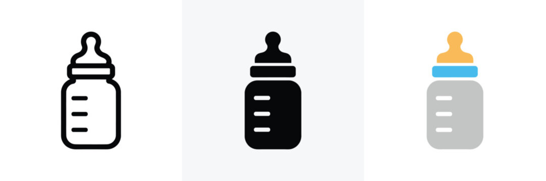 Set of baby bottle icons displaying three unique visual styles for parenting and childcare digital interfaces