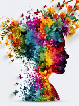 Colorful Mind Puzzle with Flowers &ndash; AI Generative