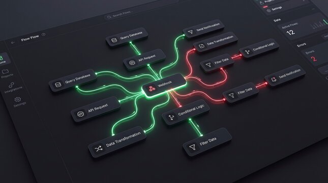 Digital automation workflow visualization interface featuring glowing connected nodes and data processing logic flow chart