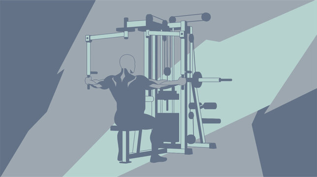 Vector illustration showing a person performing the reverse machine fly exercise on a professional gym machine to target posterior deltoids, rhomboids, and trapezius muscles.