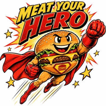 Flying burger superhero saving the day with excitement. Animated fast food character in dynamic action pose for advertising campaigns.