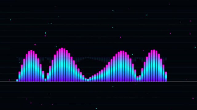 Vibrant Neon Audio Spectrum Music Visualizer Equalizer Bars with Glowing Digital Particles and Grid Background for Sound Technology and Electronic Music