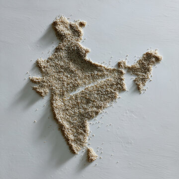 India map outlined with grains on white surface symbolizing food and freedom.
