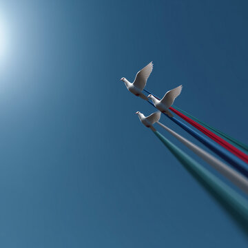  Minimalist doves with tricolor trails and clean lower background for branding.

