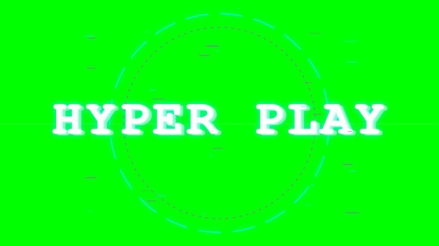 Retro Style Gaming Text Hyper Play with Glitch Effects and Circular HUD Element on Bright Green Background for Video Editing