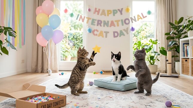 Three playful kittens celebrating international cat day with colorful balloons with playing together brightly room decorated colorful