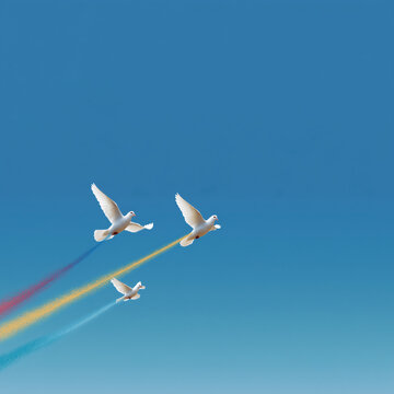  Minimalist doves with tricolor trails and clean lower background for branding.
