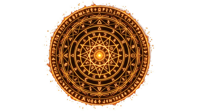 Ancient magic circle rune symbol gold light portal isolated on transparent background PNG