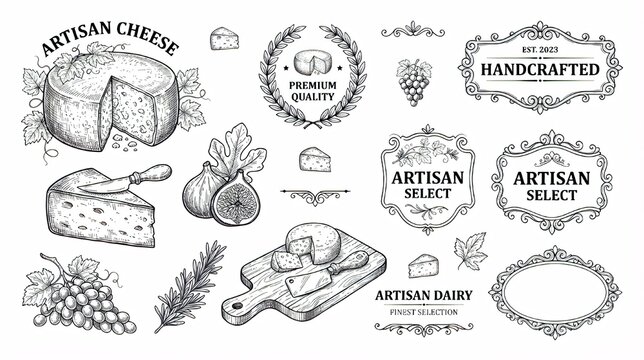 Hand Drawn Artisan Cheese, Dairy, Grapes, Figs, Cutting Board and Frames Vector Set