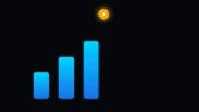 Blue Glowing Financial Bar Chart Showing Upward Growth and Profit with a Gold Dollar Coin on the Highest Column, Investment and Success Concept