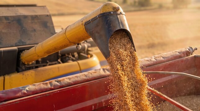 Close-up of a combine harvester auger chute pouring grain into a trailer. GENERATED BY AI.