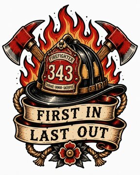 Vintage firefighter helmet badge emblem with crossed rescue axes, stylized flames, braided rope, shield details, bold red and gold color accents, heroic heritage style