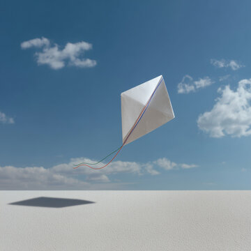  Origami kite with tricolor thread on clean sky-white background for branding.
