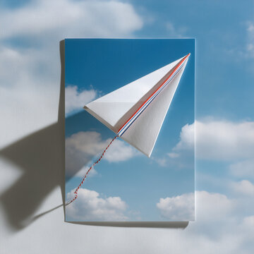  Origami kite with tricolor thread on clean sky-white background for branding.
