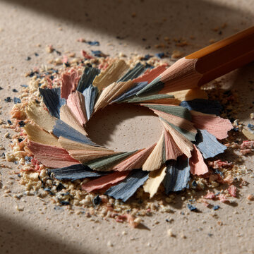  Creative pencil shaving spiral in tricolor on neutral surface with blank center.

