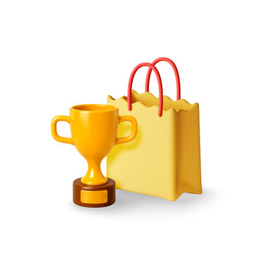 3d golden trophy cup next to a yellow shopping bag. Concept of consumer loyalty, retail success and best store purchase award. Isolated vector illustration on white background.