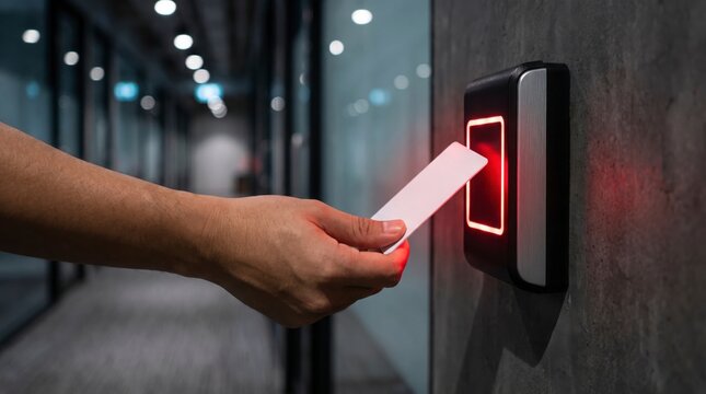 Employee hand using access control card reader for secure office entry in modern building hallway with electronic security scanner scanner mounted textured captures close view