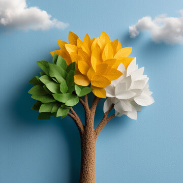 Geometric tricolor paper tree on blue background with space for message.
