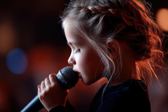 Young girl singing into a handheld microphone under warm stage lighting, ideal for talent shows, music education and live performance concepts.