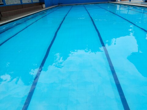 Clean outdoor lap swimming pool with bright blue water and lane lines. Stainless steel pool ladder in foreground, tiled deck and blue walls in background