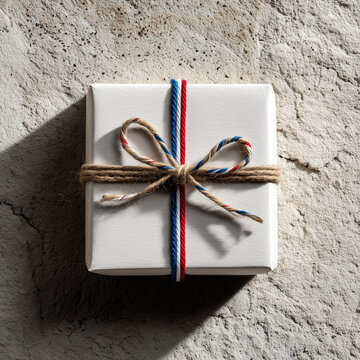  Minimalist gift box with tricolor thread on clean surface with ample space for message.
