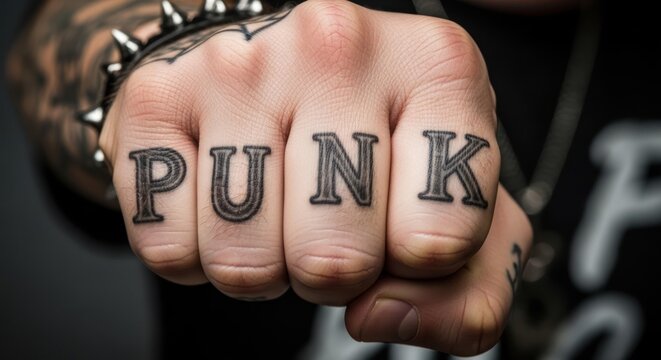 Close-up of fist with finger tattoos spelling out a word.