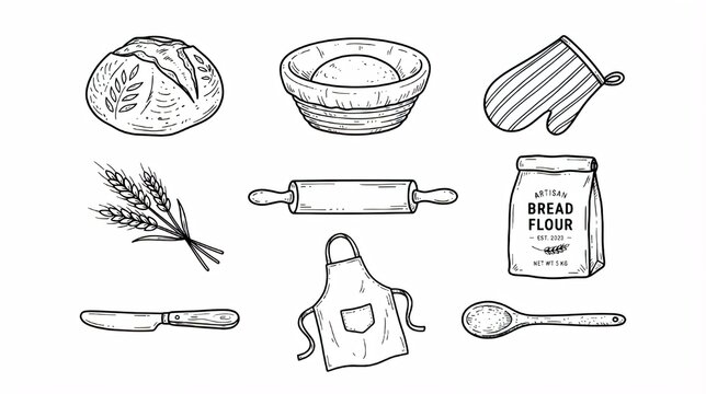Hand Drawn Bread Making, Bakery, Baking Ingredients and Kitchen Utensils Elements Vector Set