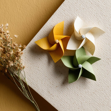  Diagonal tricolor pinwheel layout with soft texture and open branding space.

