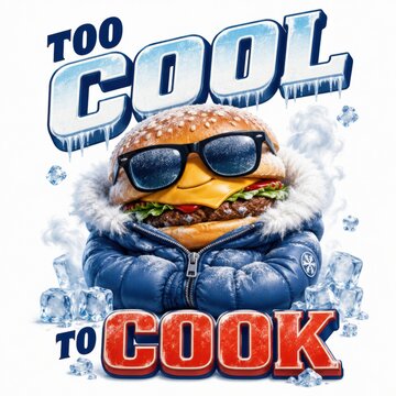 Funny cartoon burger character wearing sunglasses and winter scarf. Playful food mascot celebrating summer and winter contrast in cool design.
