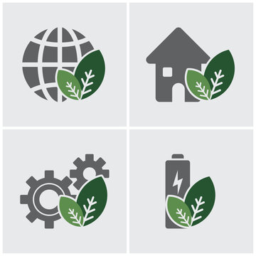 Green eco friendly iconography set with leaves vector design