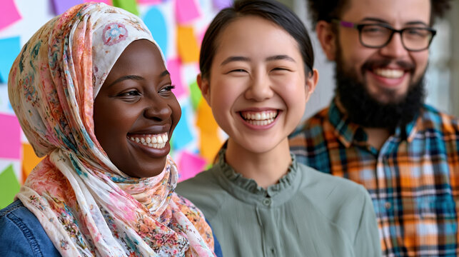 Smiling diverse team in colorful workshop