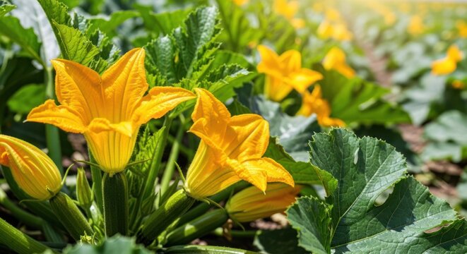Yellow squash blossoms in a field under sunlight