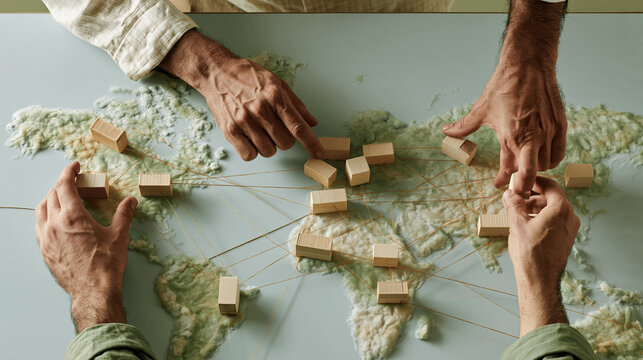 Supply chain resilience report model hands arranging cargo network on world map
