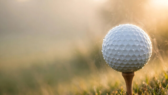 A close-up view of a golf ball on a tee, with dew drops glistening in the soft morning light, on a golf course during a misty sunrise, creating a serene and beautiful natural setting for the game