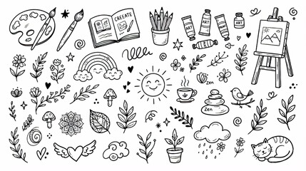 Fototapeta premium Hand Drawn Art, Creativity, Painting and Nature Doodle Elements Vector Set