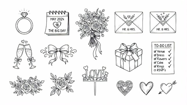 Hand Drawn Wedding, Marriage, Romance and Love Celebration Elements Vector Set