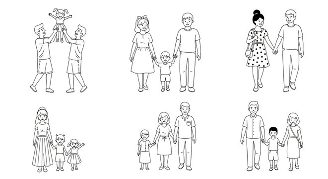 Minimalist family line art icons, hand drawn doodle people set, black and white sketch of parents and children, simple vector character illustrations