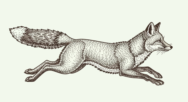 Vintage red fox running in profile, hand drawn engraving of a wild fox jumping, antique woodcut style forest animal illustration for nature branding