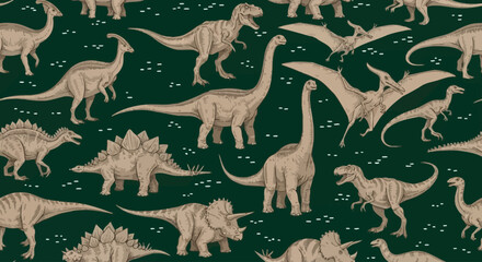 Vintage dinosaur seamless pattern, hand drawn prehistoric animals on dark green background, engraved style dinosaur wallpaper vector © Art