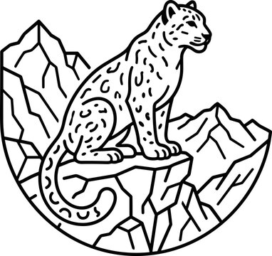 A majestic snow leopard sitting on a rocky cliff outline illustration.