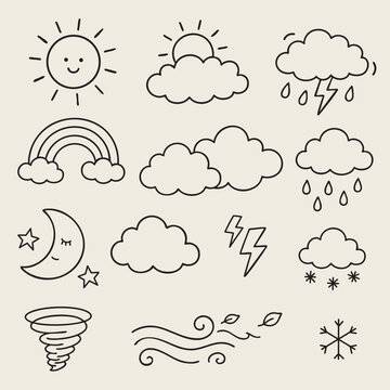 cute hand drawn weather doodle line art element, cloud, sun, rainbow, storm, moon, windy, rain, snow