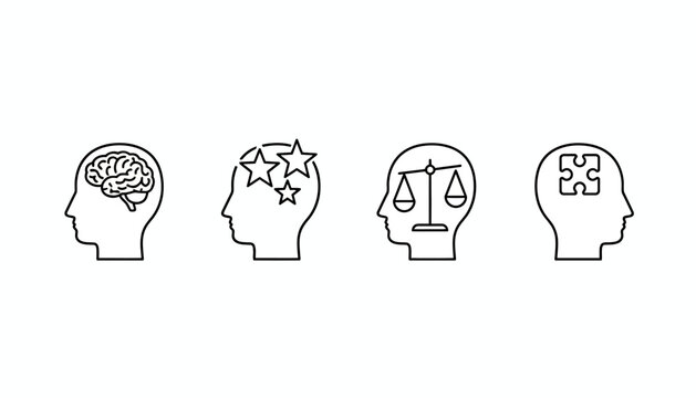 Mental health line icons set, human head profile with brain and stars symbols, psychology and logic concept vector illustrations