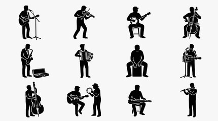 Naklejka premium Musicians Playing Various Instruments Silhouettes.