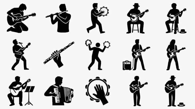 Musicians Playing Various Instruments Silhouettes.