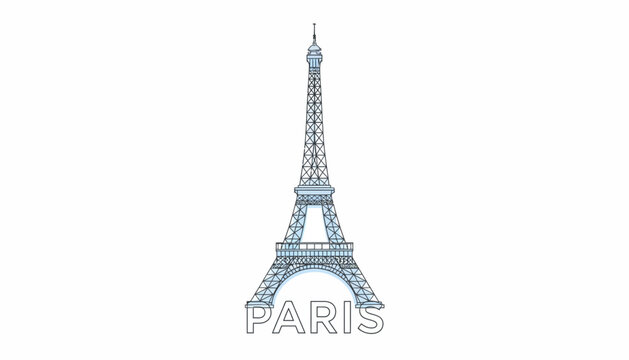 Eiffel Tower vector illustration with Paris text, blue architectural landmark icon, French monument travel graphic isolated on white background