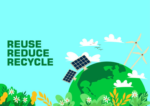 Vector background celebrating Earth salvation with trees and greenery. Reuse, reduce & recycle. World environment day. Perfect for eco campaigns, sustainability branding, and nature-themed visuals